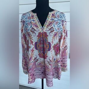 Hale Bob Pink and Blue Paisley Silk Blouse Boho Peasant Size XL